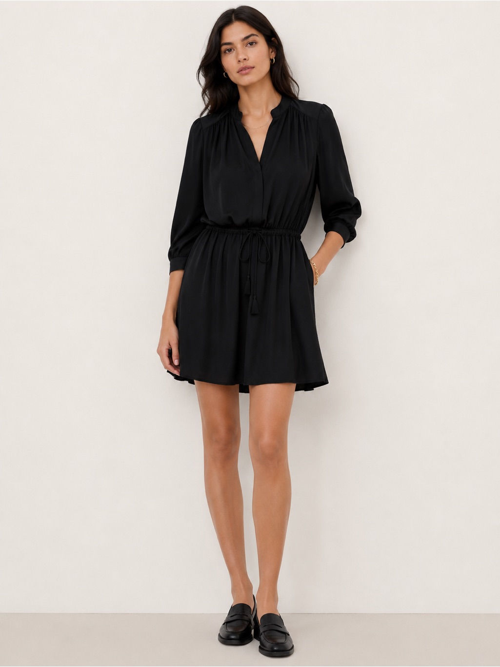 Babaton Black Long Sleeve Mini Dress Xs Lined Elastic Waist